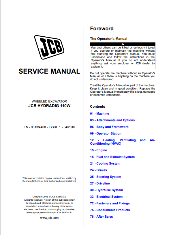 JCB Wheeled Excavator Hydradig 110W Service Manual 9813/4400 PDF