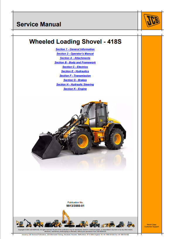 JCB Wheeled Loading Shovel 418S Service Manual 9813/3550-01 PDF