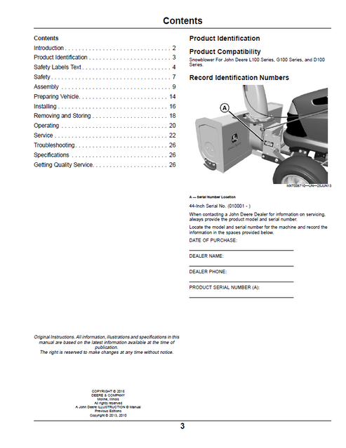 John Deere 100 Series 44-Inch Snowblower Operator & Maintenance Manual OMM177515
