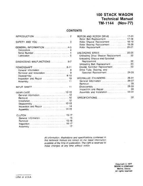 John Deere 100 Stack Wagon Repair & Workshop Manual PDF
