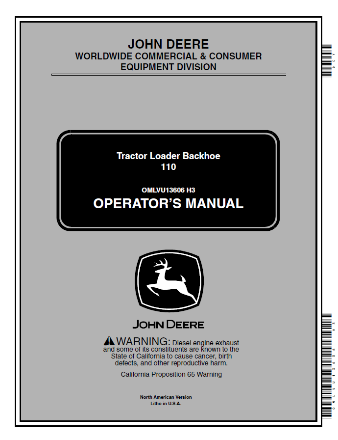 John Deere 110 Tractor Loader Backhoe Operator Manual OMLVU13606 PDF