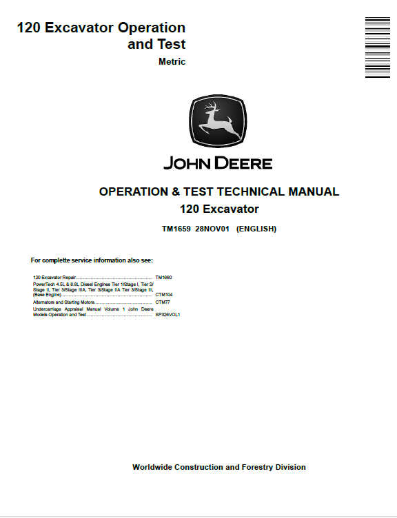 John Deere 120 Excavator Operation and Test Technical Manual TM1659 PDF