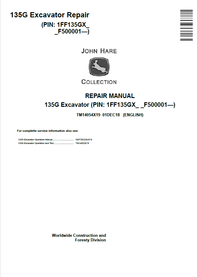 John Deere 135G Excavator Repair Manual TM14054X19 PDF