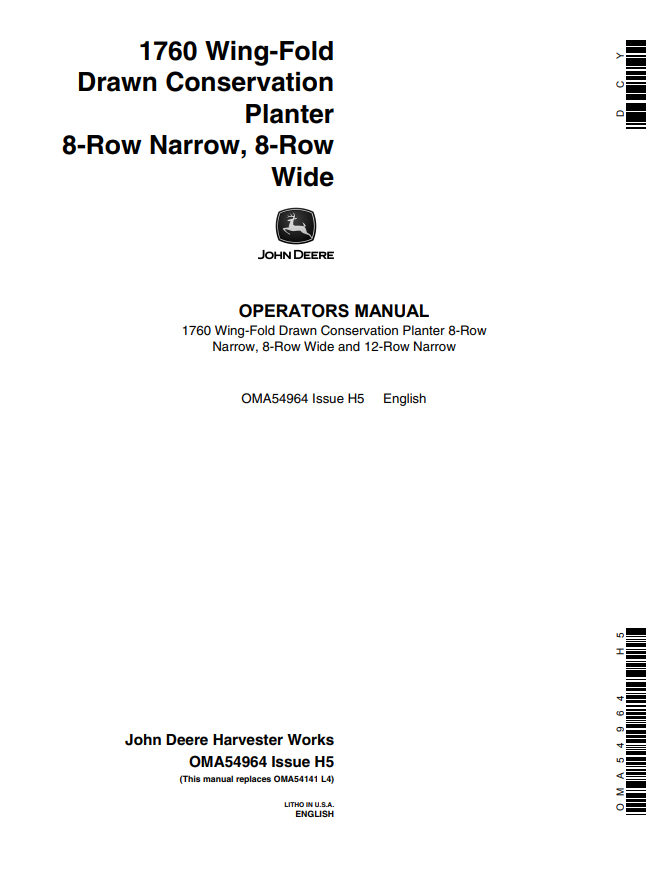 John Deere 1760 Wing-Fold Drawn Conservation Planter 8-RowNarrow, 8-Row Wide and 12-Row Narrow Operator Manual OMA54964 PDF