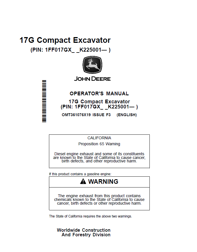 John Deere 17G Compact Excavator Operator Manual OMT361076X19 PDF
