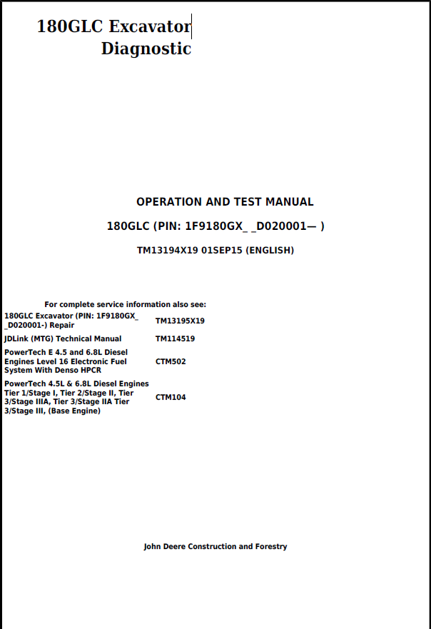 John Deere 180GLC Excavator Operation and Test Manual TM13194X19 PDF
