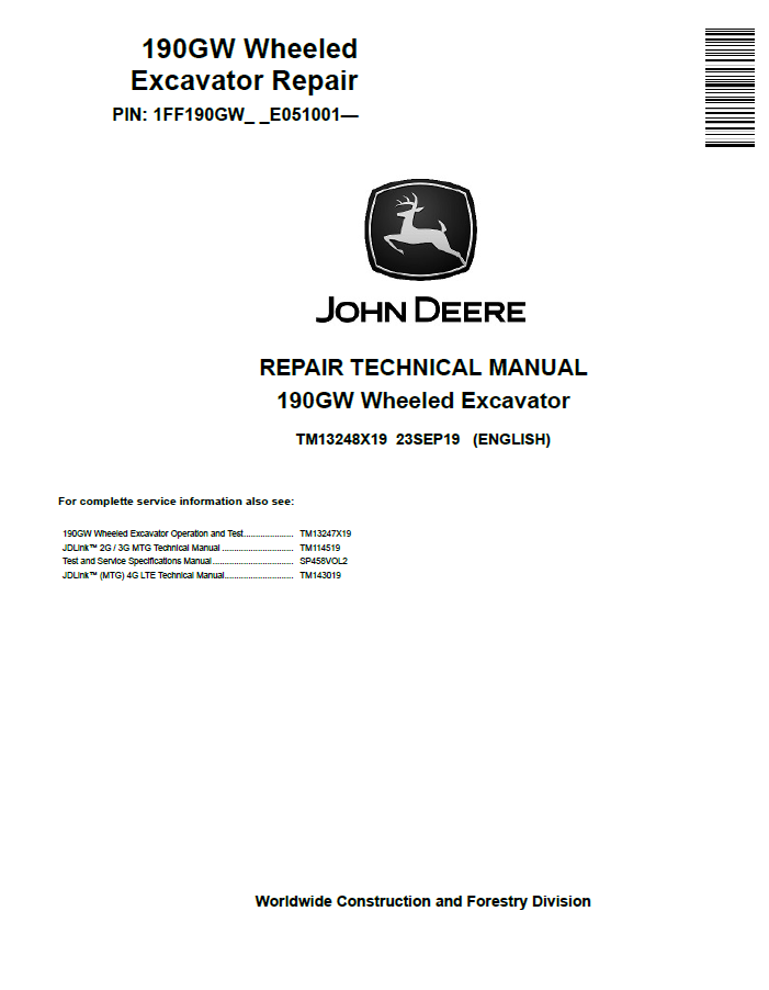 John Deere 190GW Wheeled Excavator Repair Technical Manual TM13248X19 PDF
