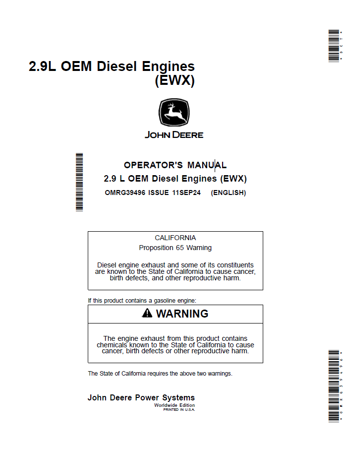 John Deere 2.9 L OEM Diesel Engines (EWX)X) Operator Manual OMRG39496 PDF