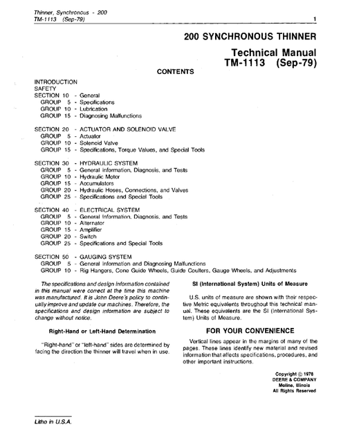 John Deere 200 Synchronous Thinner Repair & Workshop Manual PDF