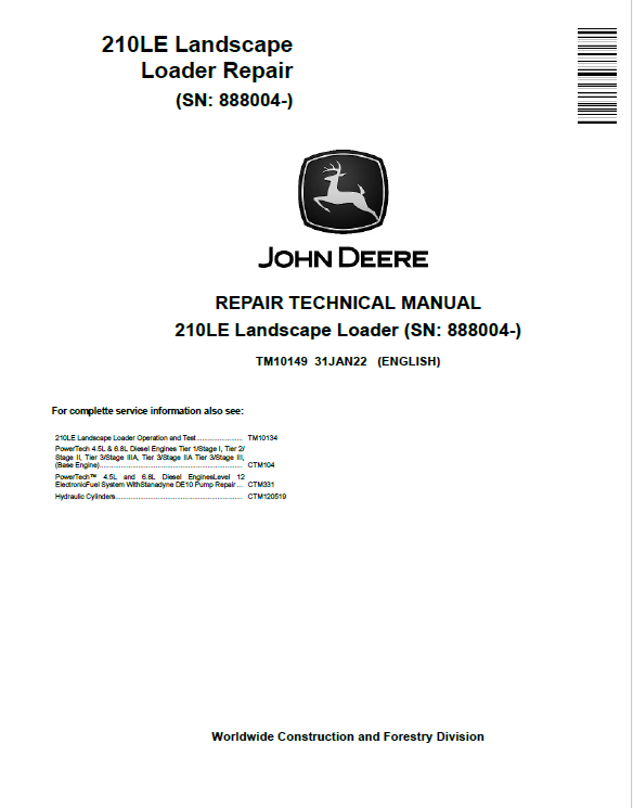 John Deere 210LE Landscape Loader Repair Technical Manual TM10149 PDF