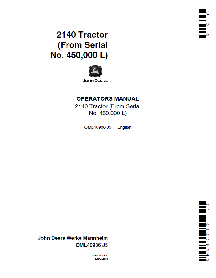 John Deere 2140 Tractor Operator Manual OML40936 PDF
