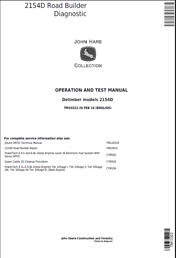 John Deere 2154D Road Builder Operation and Test Manual TM10322 PDF