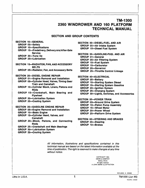 John Deere 2360 Windrower 160 Draper Platform Manual TM1300 PDF