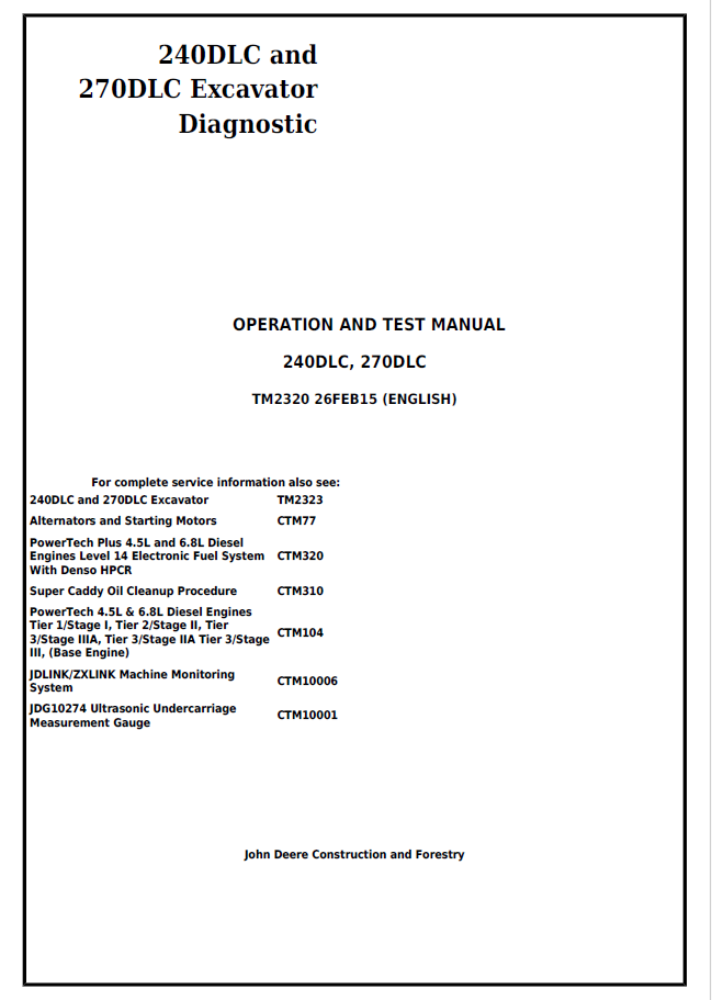 John Deere 240DLC and 270DLC Excavator Operation and Test Manual TM2320 PDF