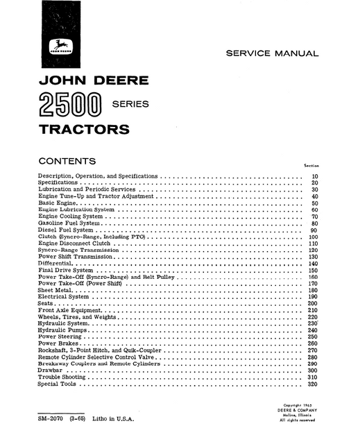John Deere 2500 Series Tractor Workshop Service Manual SM2070