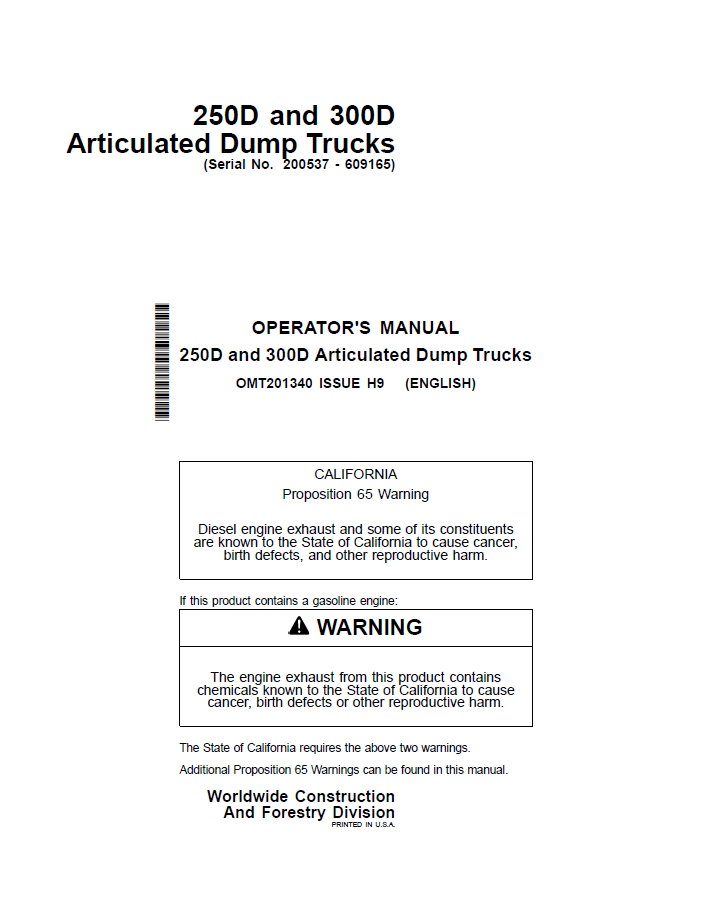 John Deere 250D and 300D Articulated Dump Trucks Operator Manual OMT201340 PDF