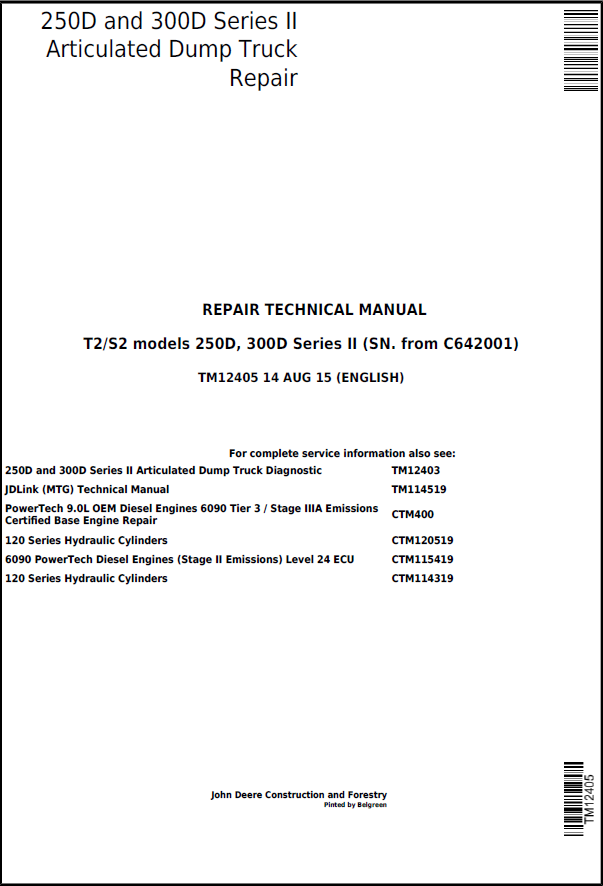 John Deere 250D and 300D Series II Articulated Dump Truck Repair Technical Manual TM12405 PDF