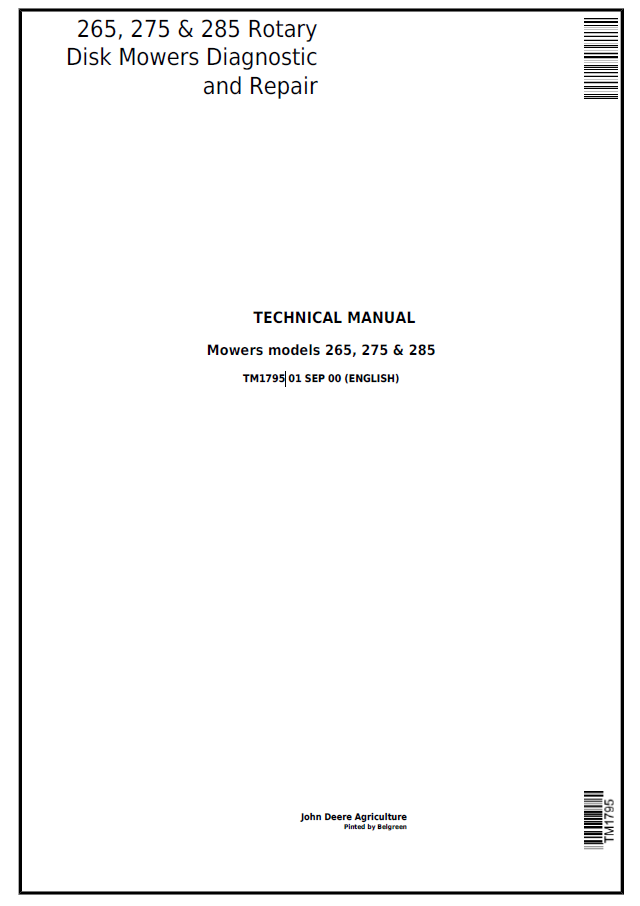 John Deere 265, 275 & 285 Mowers models Technical Manual TM1795 PDF
