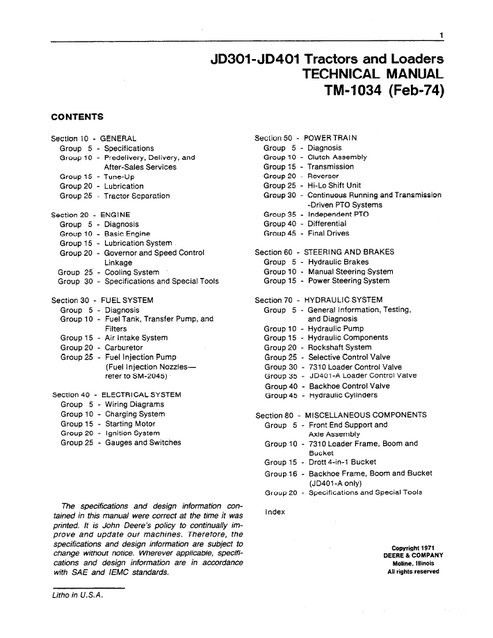 John Deere 301 401 Tractor & Loader Technical Repair Manual TM1034