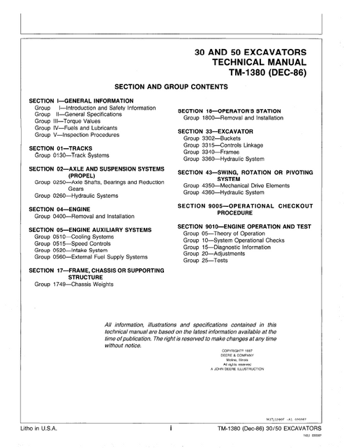 John Deere 30 And 50 Excavator Repair & Service Manual TM1380