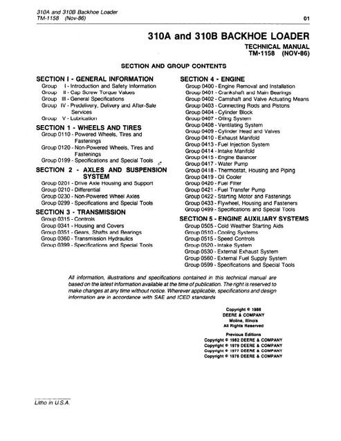 John Deere 310A 310B Backhoe Loader Repair Technical Manual TM1158
