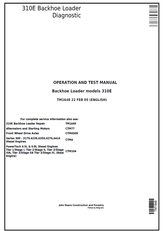 John Deere 310E Backhoe Loader Diagnostic Operation and Test Manual TM1648 PDF