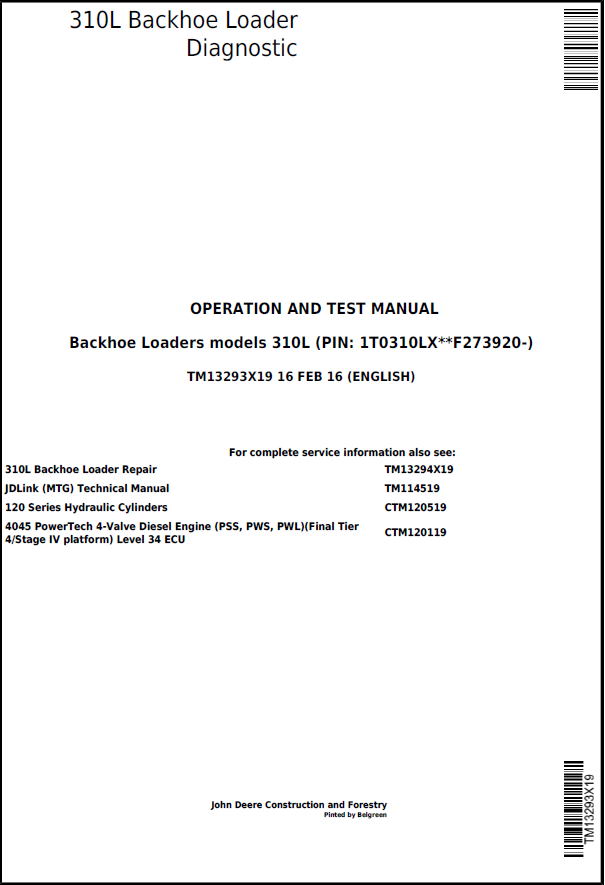 John Deere 310L Backhoe Loader Operation and Test Manual TM13293X19 PDF