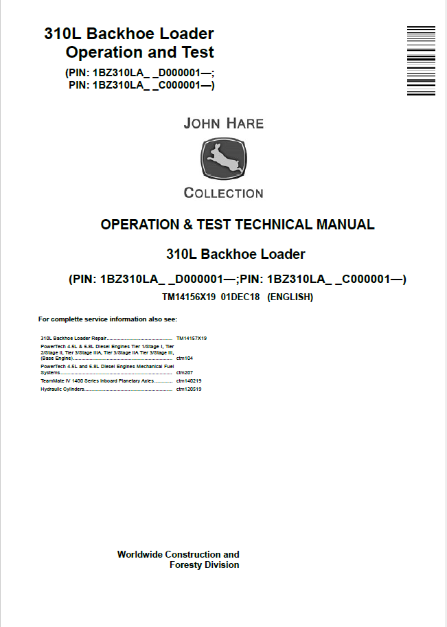 John Deere 310L Backhoe Loader Operation and Test Technical Manual TM14156X19 PDF