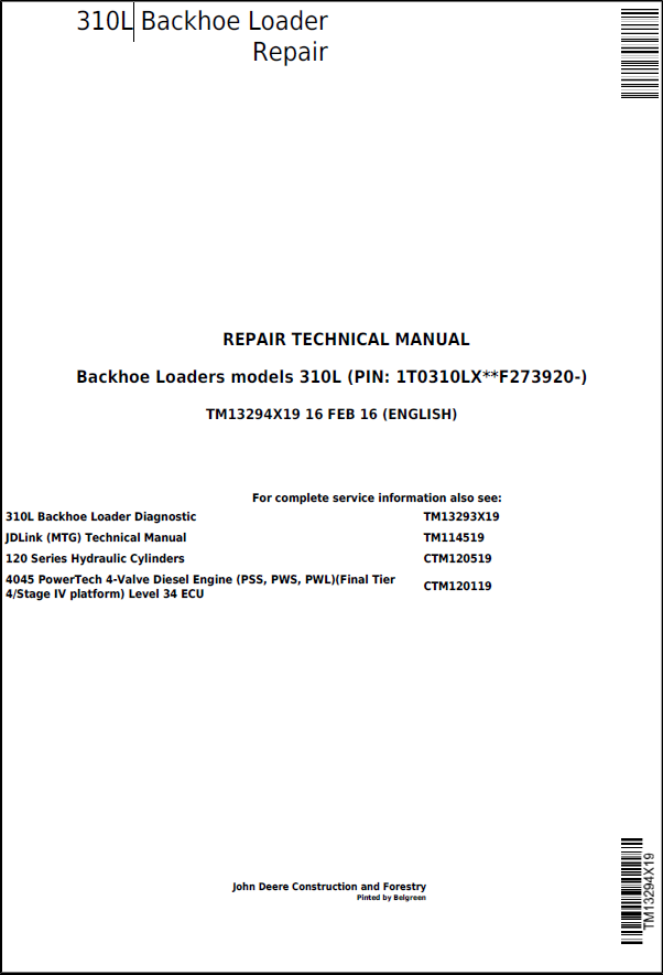 John Deere 310L Backhoe Loader Repair Technical Manual TM13294X19 PDF