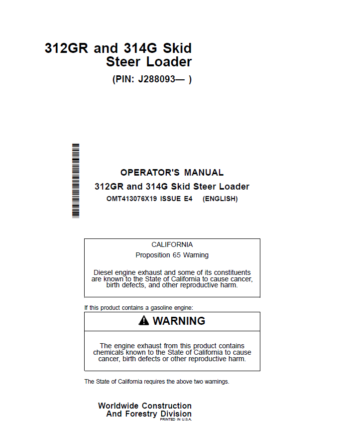 John Deere 312GR and 314G Skid Steer Loader Operator Manual OMT413076X19 PDF