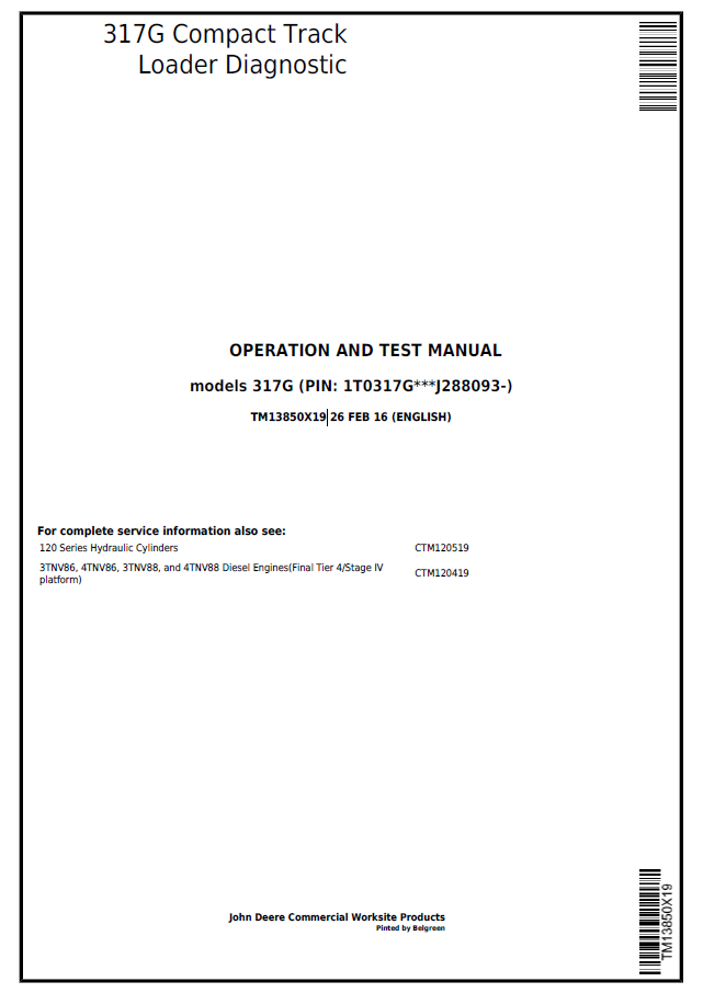John Deere 317G Compact Track Loader Diagnostic Operation and Test Manual TM13850X19 PDF