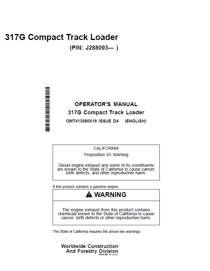 John Deere 317G Compact Track Loader Operator Manual OMT413080X19 PDF