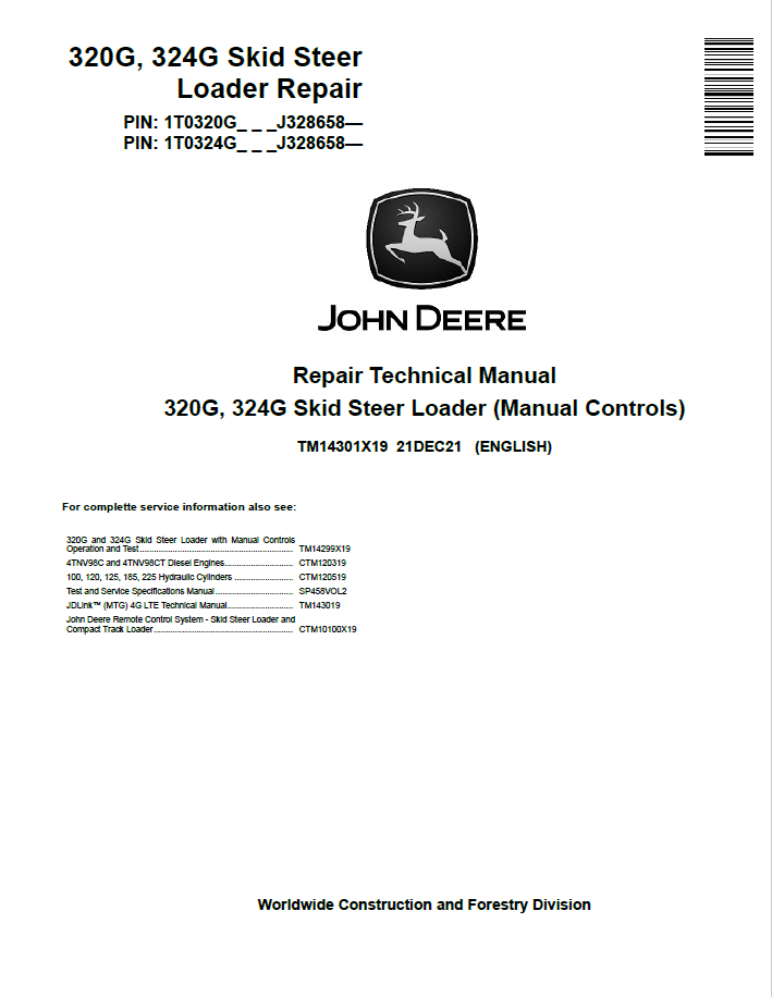 John Deere 320G, 324G Skid Steer Loader Repair Technical Manual TM14301X19 PDF