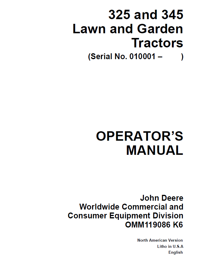 John Deere 325 and 345 Lawn and Garden Tractors Operator Manual OMM119086 PDF