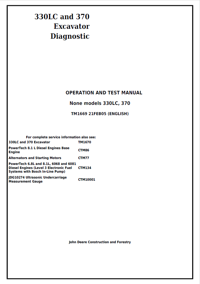 John Deere 330LC and 370 Excavator Diagnostic Operation and Test Manual TM1669
