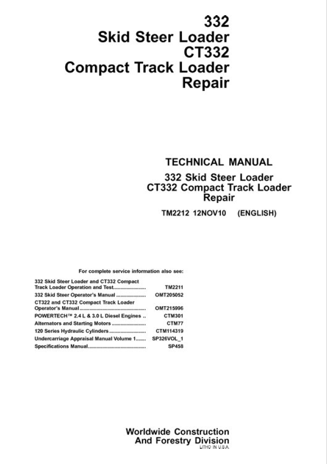 John Deere 332 Skid Steer Loader CT332 Compact track Loader Technical Manual TM2212 PDF