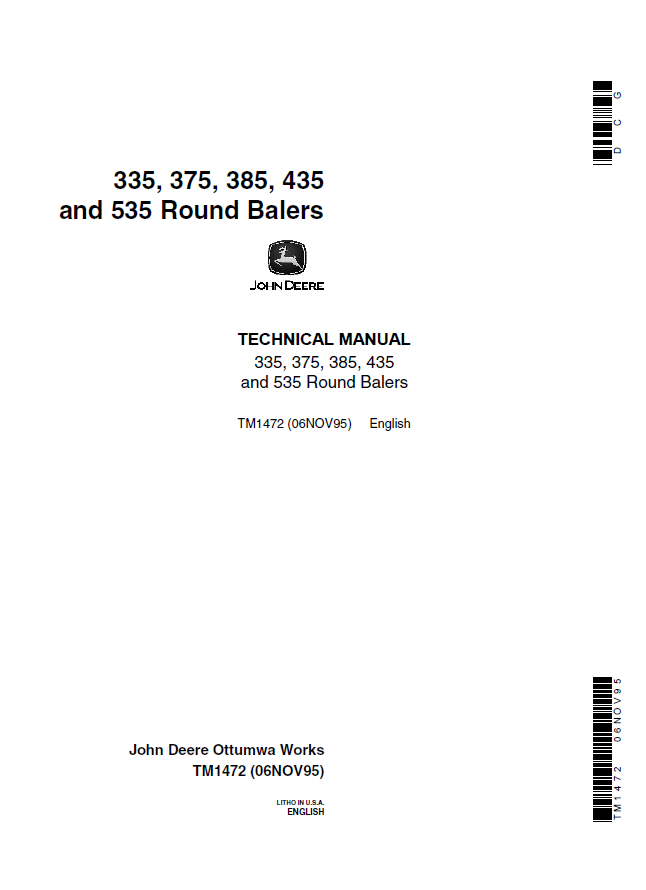 John Deere 335, 375, 385, 435 and 535 Round Balers Technical Manual TM1472 PDF