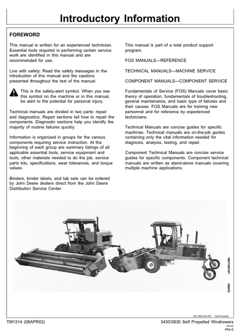 John Deere 3430 & 3830 Windrower Service & Repair Manual TM1314