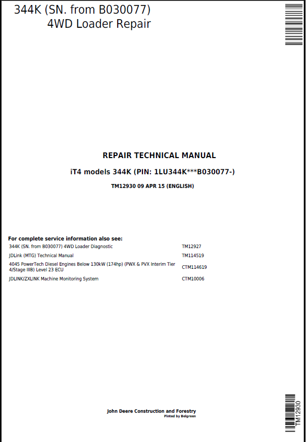 John Deere 344K 4WD Repair Technical Manual TM12930 PDF