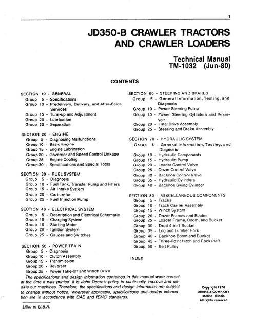 John Deere 350B Crawler Tractor Loader Repair Manual TM1032