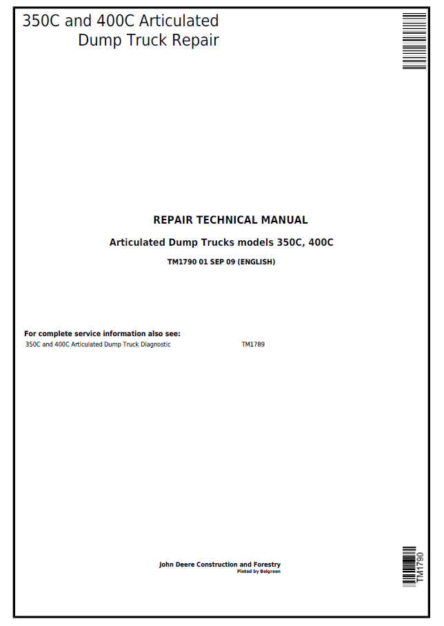 John Deere 350C and 400C Articulated Dump Truck Repair Technical Manual TM1790 PDF