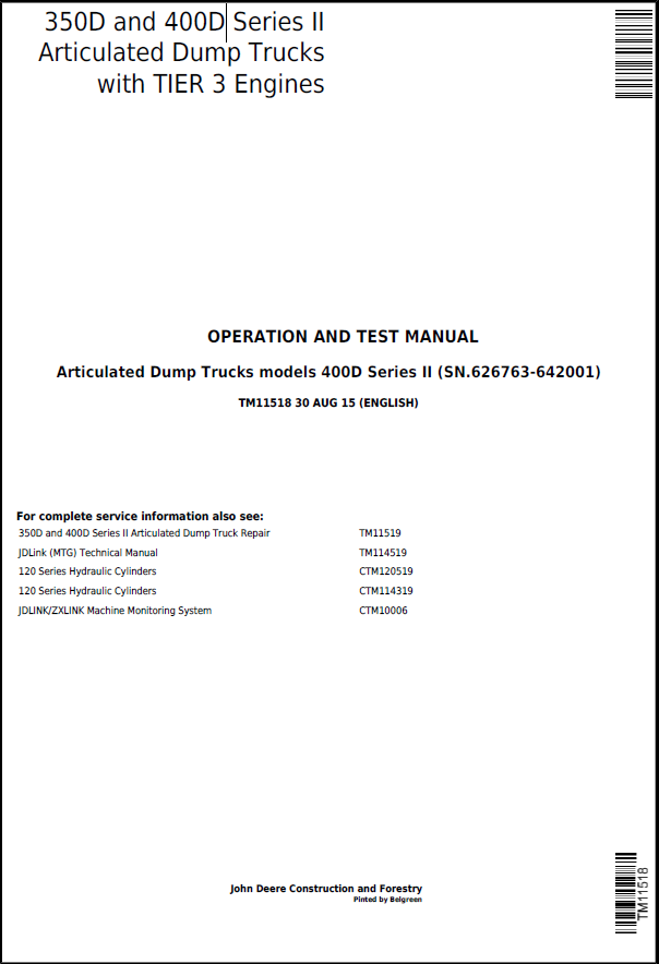 John Deere 350D and 400D Series II Articulated Dump Truck Operation and Test Manual TM11518 PDF