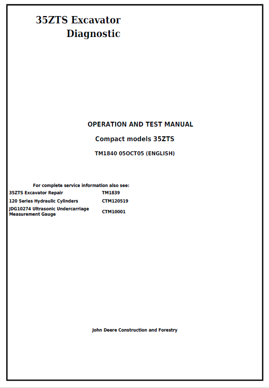 John Deere 35ZTS Excavator Diagnostic Operation and Test Manual TM1840 PDF