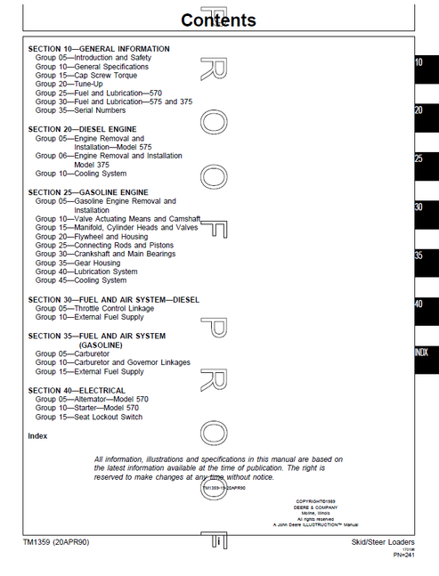 John Deere 375 570 575 Skid Steer Technical Repair Manual TM1359