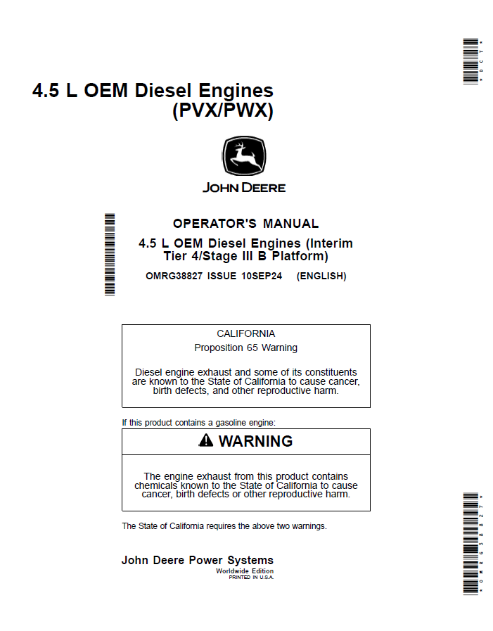 John Deere 4.5 L OEM Diesel Engines (PVX/PWX) Operator Manual OMRG38827 PDF