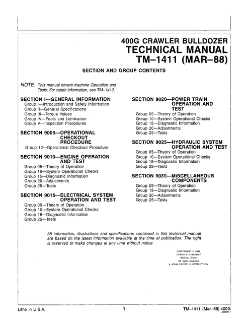 John Deere 400G Bulldozer Technical Operation & Testing Manual TM1411