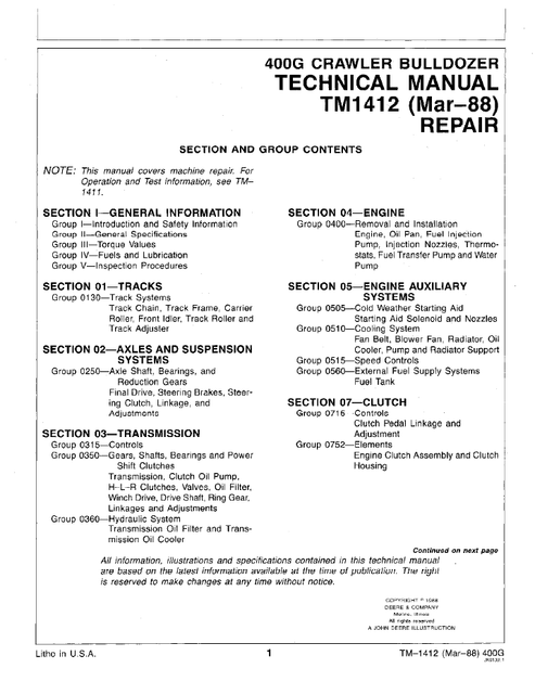 John Deere 400G Crawler Bulldozer Technical Repair Manual TM1412