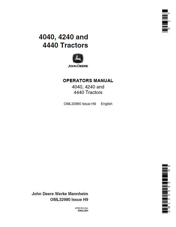John Deere 4040, 4240 and 4440 Tractors Operator Manual OML32980 PDF