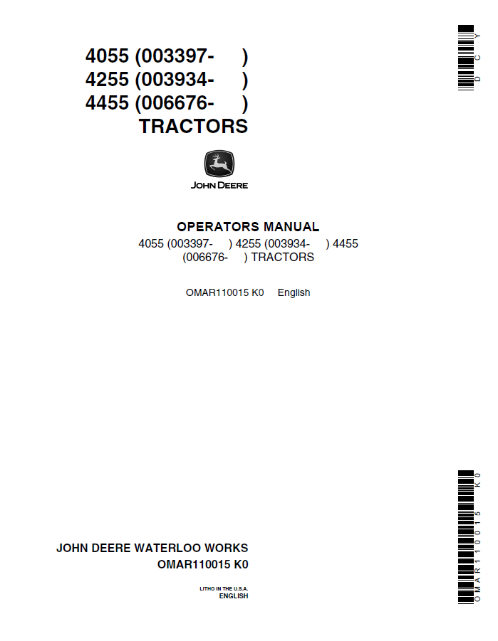 John Deere 4055, 4255, 4455 Tractors Operator Manual OMAR110015 PDF