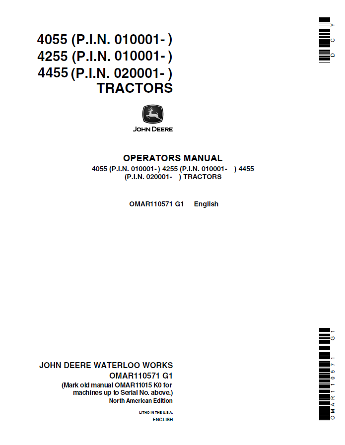 John Deere 4055, 4255, 4455 Tractors Operator Manual OMAR110571 PDF